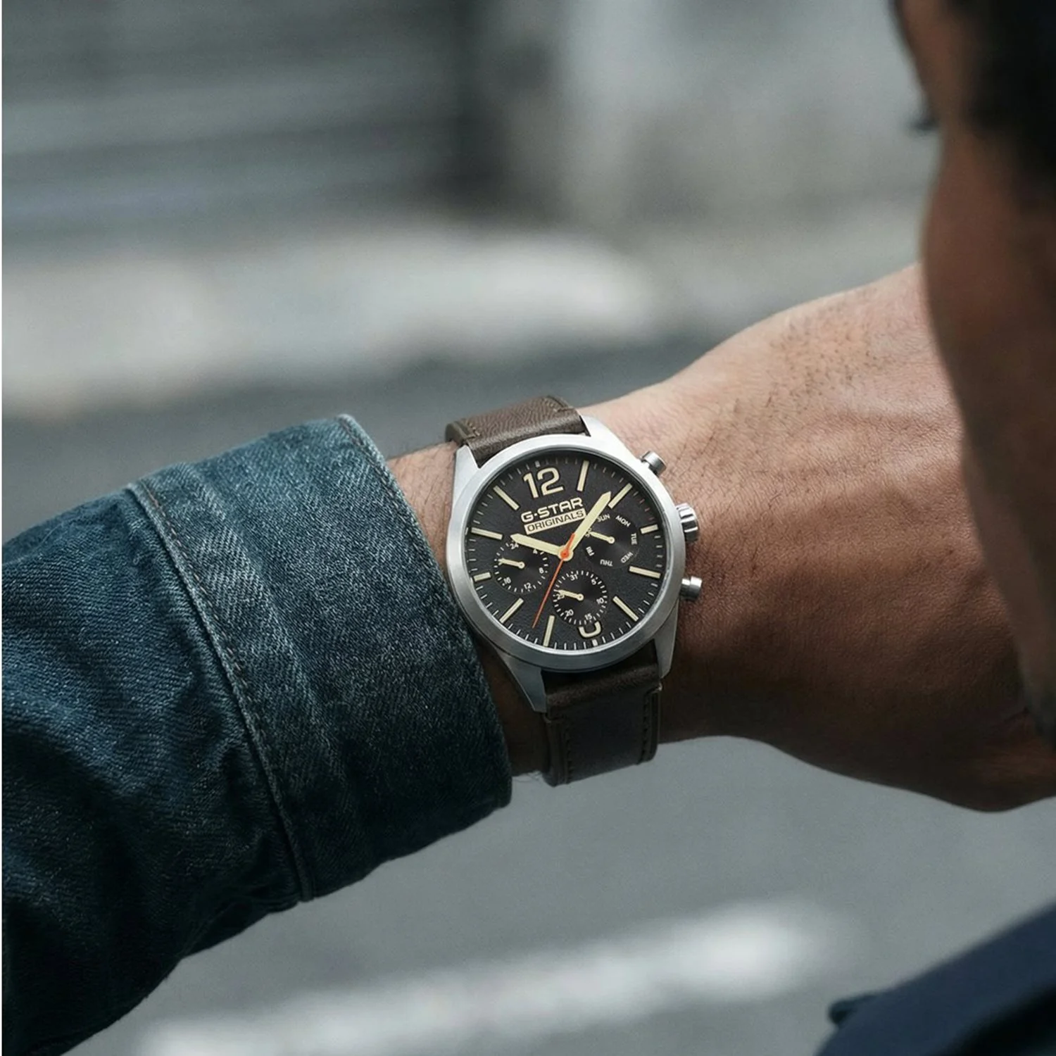 G-STAR Originals Zilverkleurig Stalen Herenhorloge met Bruine Leren Band GSW.504.01 - Image 2