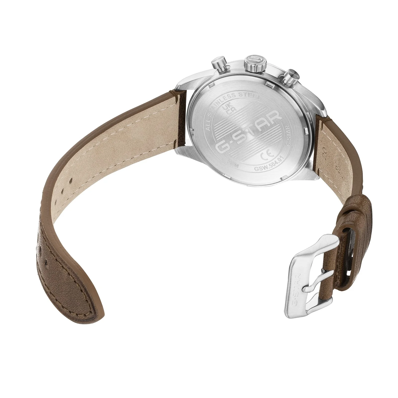G-STAR Originals Zilverkleurig Stalen Herenhorloge met Bruine Leren Band GSW.504.01 - Image 3