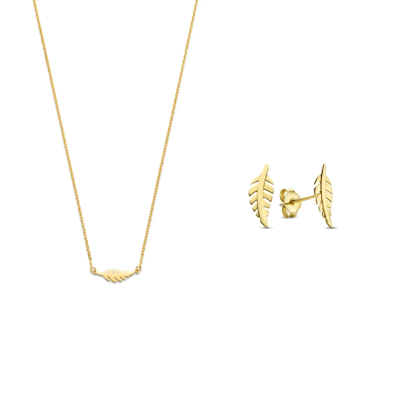 Isabel Bernard Cadeau d'Isabel 14 karaat gouden ketting en oorknopjes giftset met veertjes IB90186